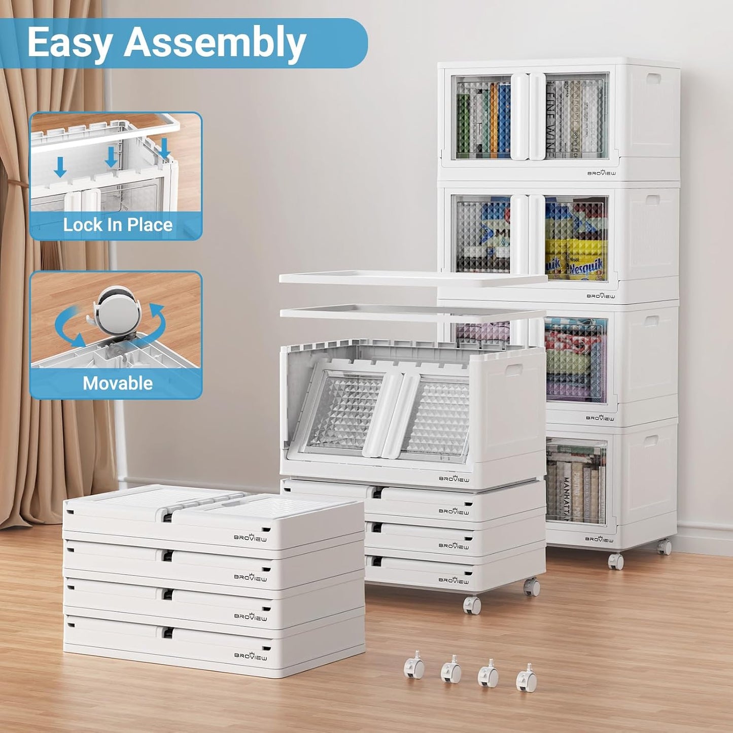 400Qt Stackable Storage Bins with Lids, 100Gal Closet Organizers and Storage Drawer, Plastic Collapsible Storage Bins with Doors, Heavy Duty Store Box Cabinet for Home Office, 4Pack White