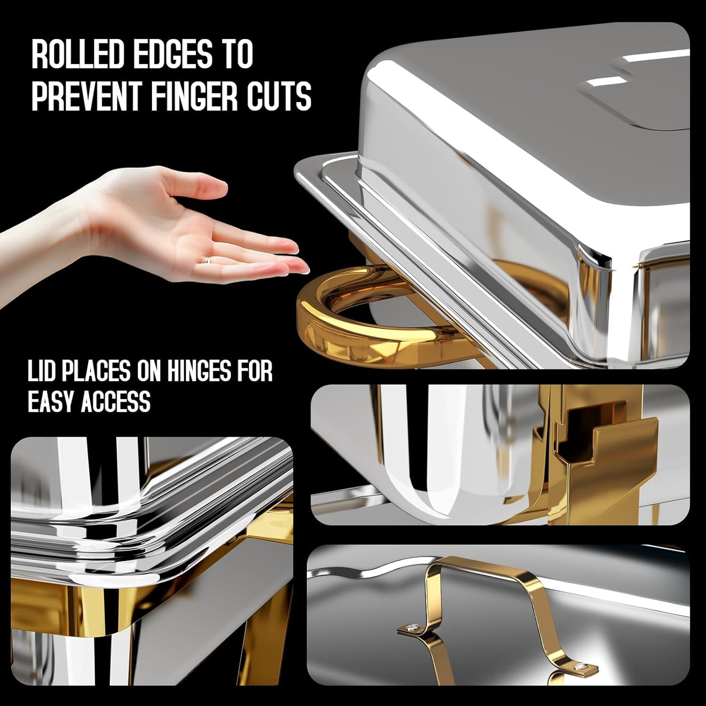 Chafing Dishes for Buffet 4 Pack, [Elegant Gold and Silver] Stainless Steel Chafing Dish Buffet Set, 9QT No-Finger Cut Roll Edge Chafers and Buffet Warmers Sets for Party (Gold 1/2 Panx2+Full Panx2)