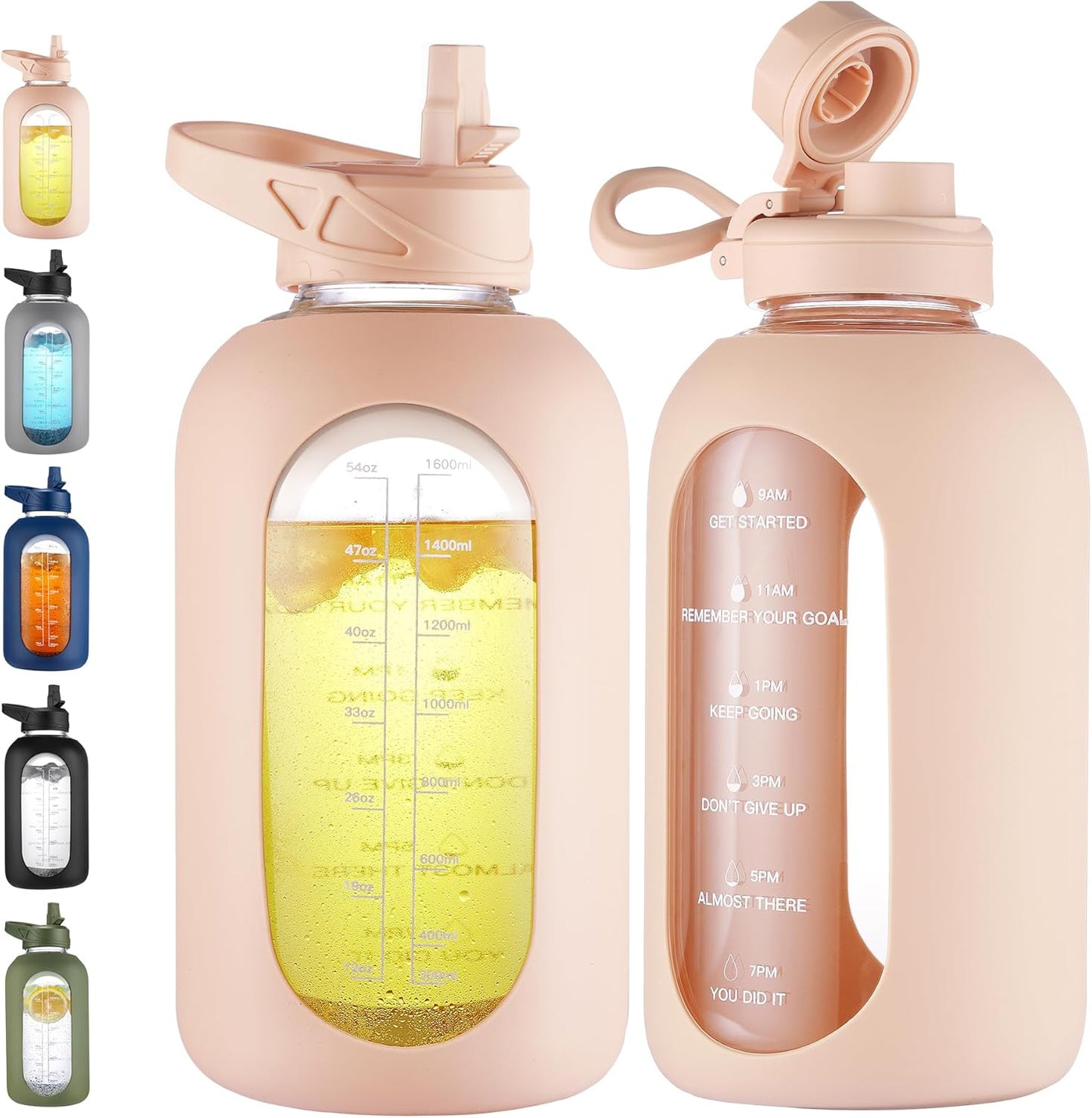 CIVAGO 64 oz Glass Water Bottle Jug with Straw and Handle, Half Gallon Sports Motivational Bottle with Time Marker and 2 Lids, Large Flask Canteen with Silicone Sleeve for Gym, Beige