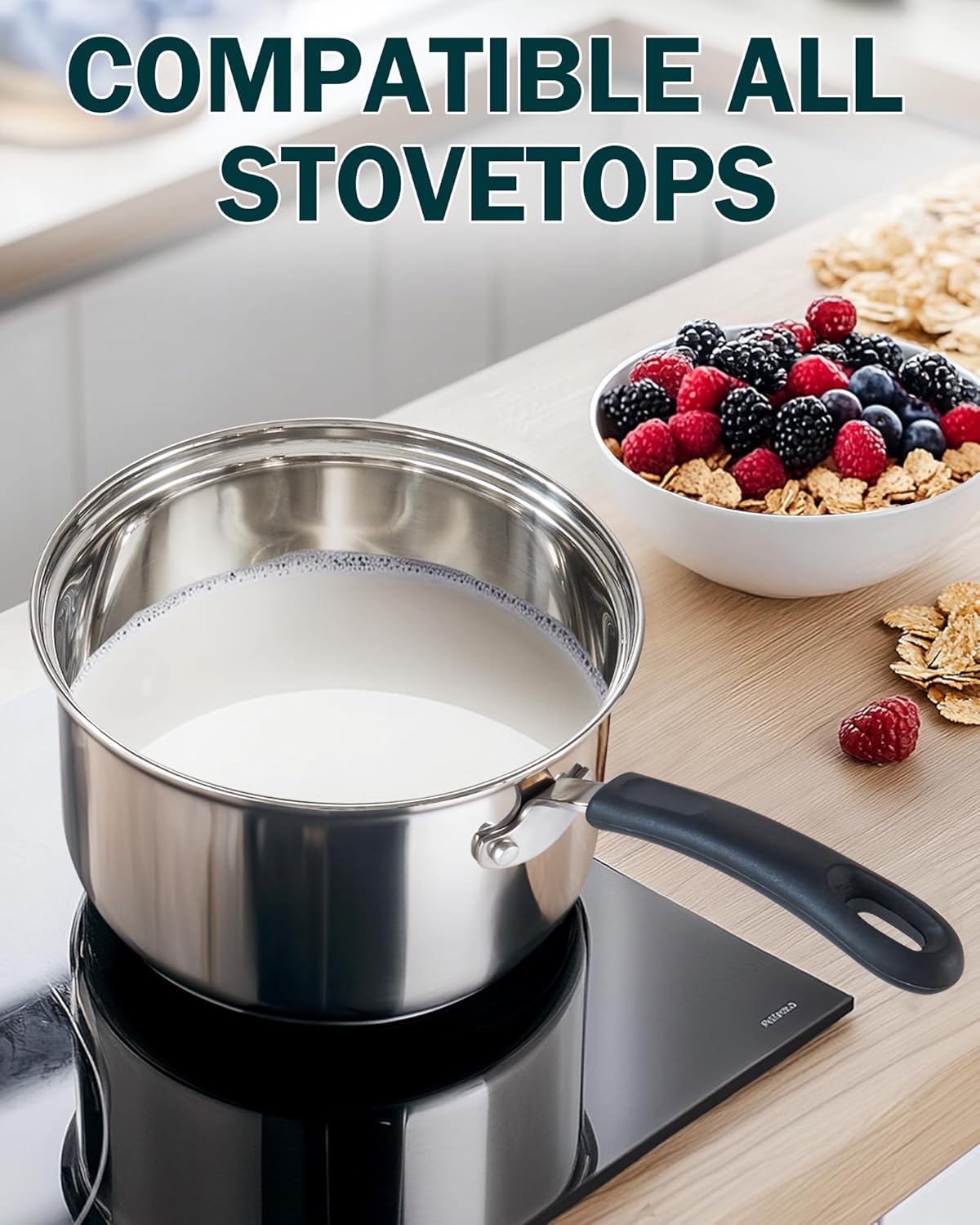 Cook N Home Saucepan Sauce Pot with Lid 1 Quart Stainless Steel , Stay Cool Handle, silver