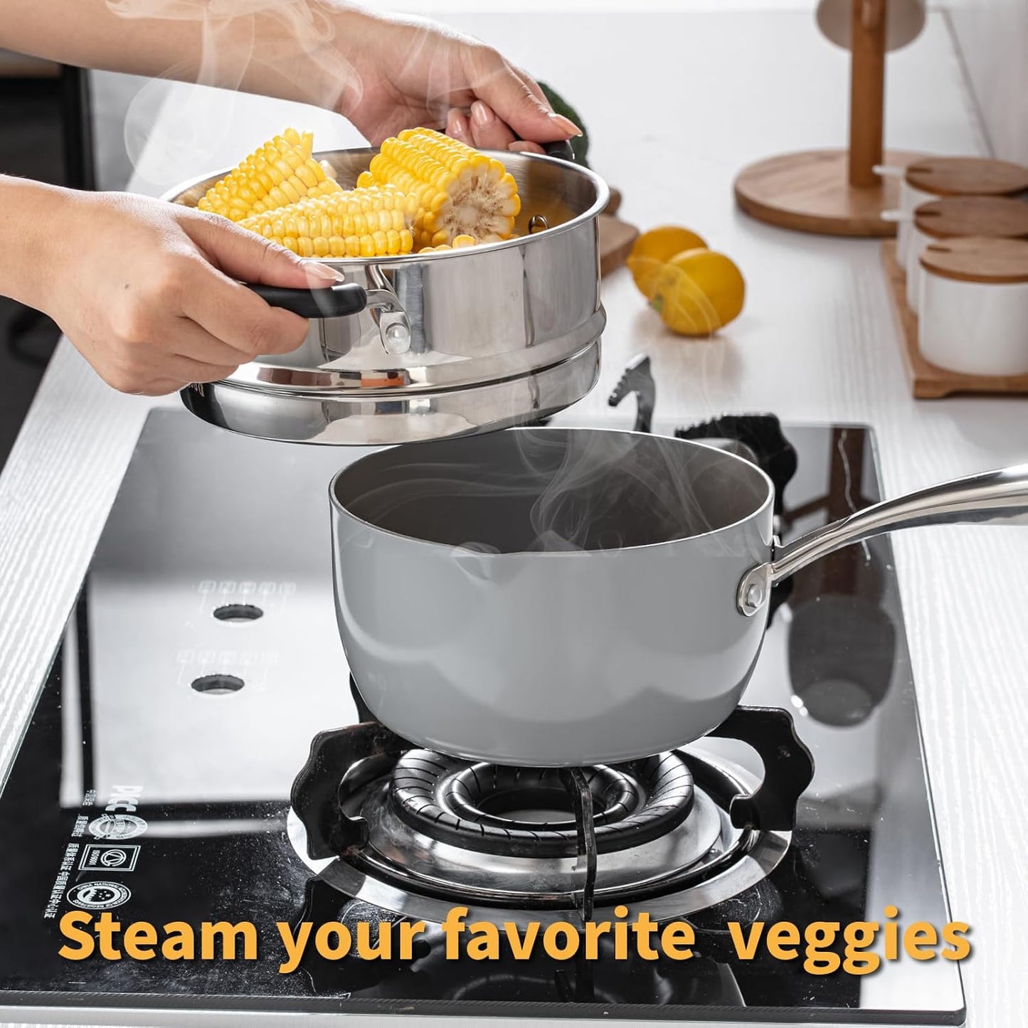 Ceramic Nonstick Tri-Ply Stainless Steel Sauce Pan with Steamer,2.5 Quart Small Multipurpose Pot with Pour Spout,Strainer Glass Lid, 2qt Saucepan for Cooking with Stay-cool Handle,Grey