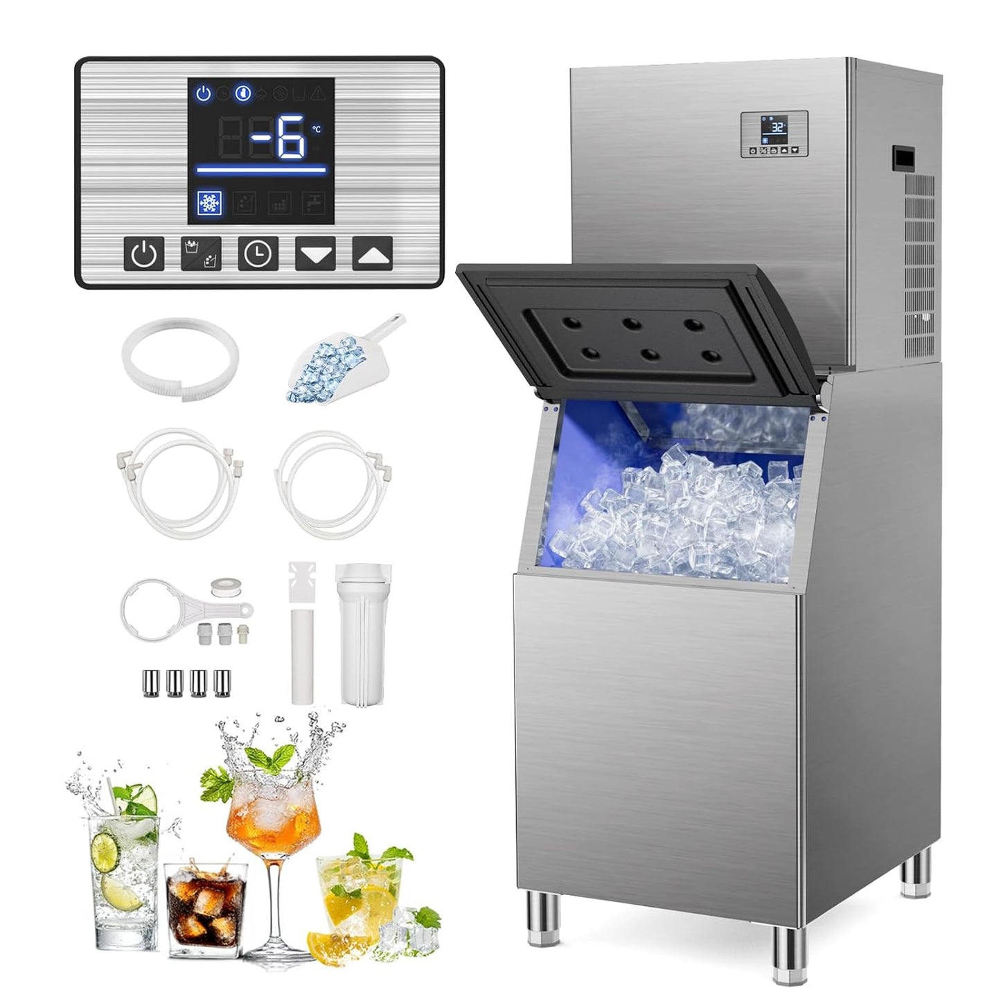 Commercial Ice Machine 600LBS/24H, 400LBS Storage, Ice Ready in 5-15min, Self-Cleaning Stainless Steel Industrial Ice Maker with Timer & Ice Thickness Control for bar Cafe, Restaurant Business