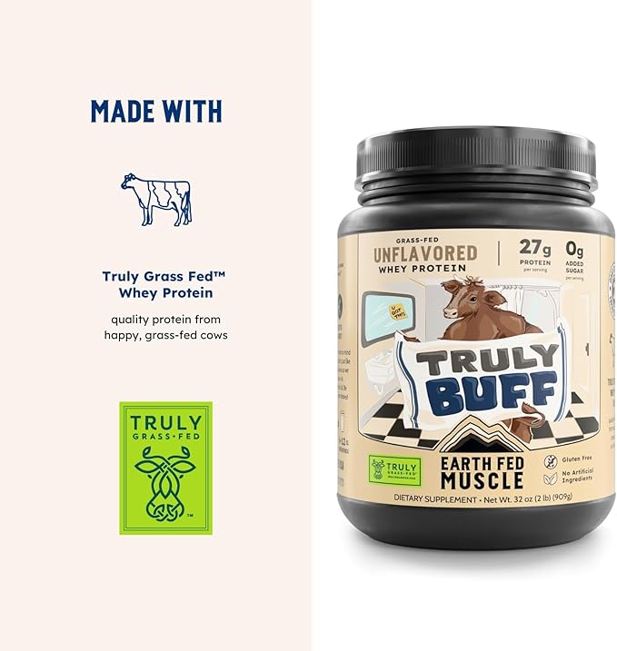 Earth Fed Muscle Truly Buff Truly Grass Fed Whey Protein Isolate - No Artificial Ingredients, Soy Free, Gluten Free, Non-GMO and Hormone Free (2 Pound, 30 Servings, Unflavored)