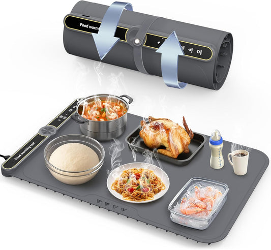 Food Warming Mat, Rapid Heating Electric Warming Tray with 9 Temp Setting and 6 Hours Timer, Foldable Warming Mat for Food, Portable Food Warmers for Parties Buffet, Gray