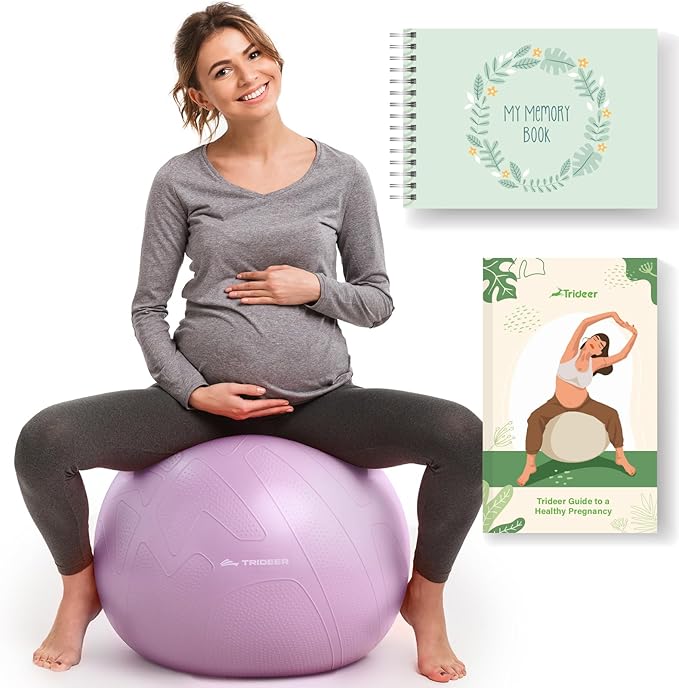 Trideer Pregnancy Birthing Ball - 1.7mm Extra Thick Yoga Ball for Maternity, Labor, Exercise, Physio, Recovery - Guide & Baby Memory Book Included - 440LB Anti-Burst & Non-Slip Stability