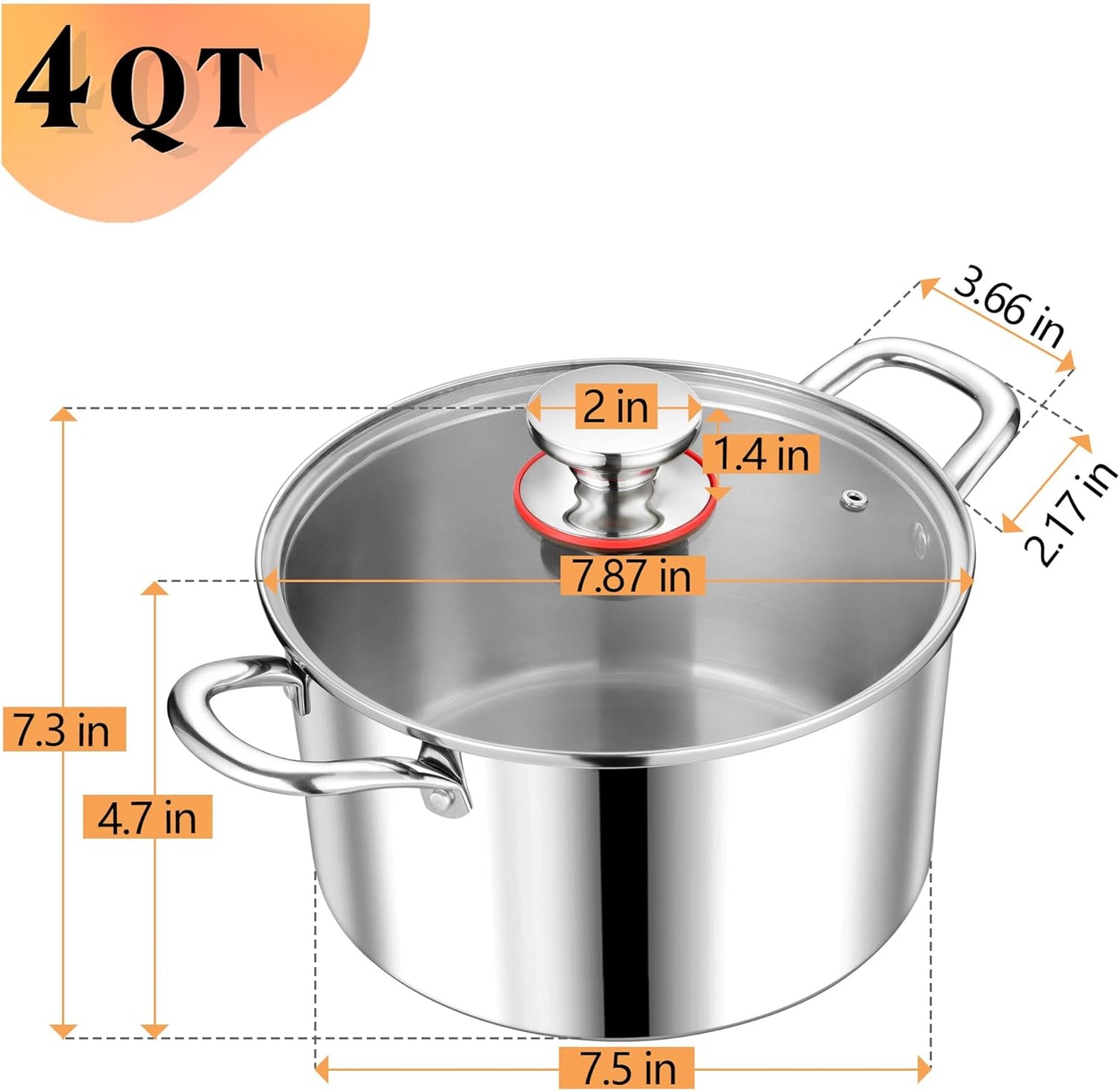 P&P CHEF 4 Quart Tri-Ply Stainless Steel Stock Pot, 4 Qt Stockpot Pasta Cooking Pot with Visible Lid for Soup Vegetable, Induction Cookware for All Stoves, Sturdy & Double Handle, Dishwasher Safe