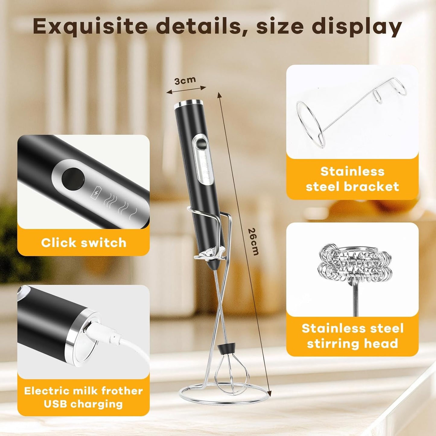 Milk Frother Handheld Rechargeable with Stand, Frother Wand Foam Maker 3 Speed Adjustable Drink Mixer with Detachable Stainless 2 Whisks Electric Coffee Frother Stirrer For Latte, Cappuccino, Egg