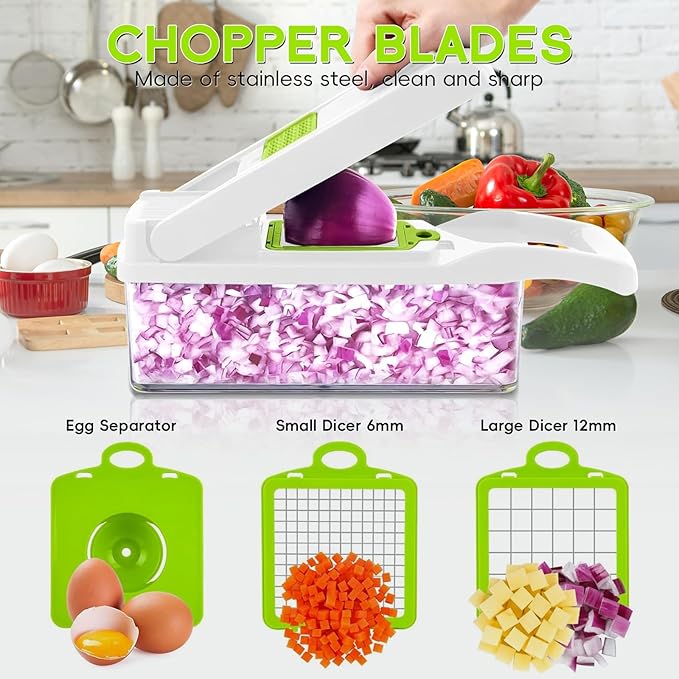 Vegetable Chopper & Spiralizer - Food Chopper with Container | Fruit Slicer, Kitchen Gadget | Dice, Slice, Shred Veggies/Fruits | Perfect for Salads（17-in-1green）