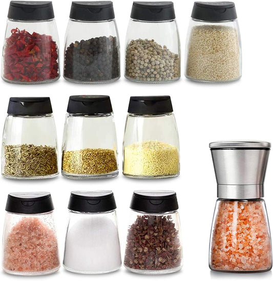 Glass Spice Jars, Double Lids Seasoning Shakers Glass Bottles Spice Shakers Sifter Barbecue Salt & Pepper Shaker Container (10 PCS Condiment Bottles + 1PCS Spices Grinder)