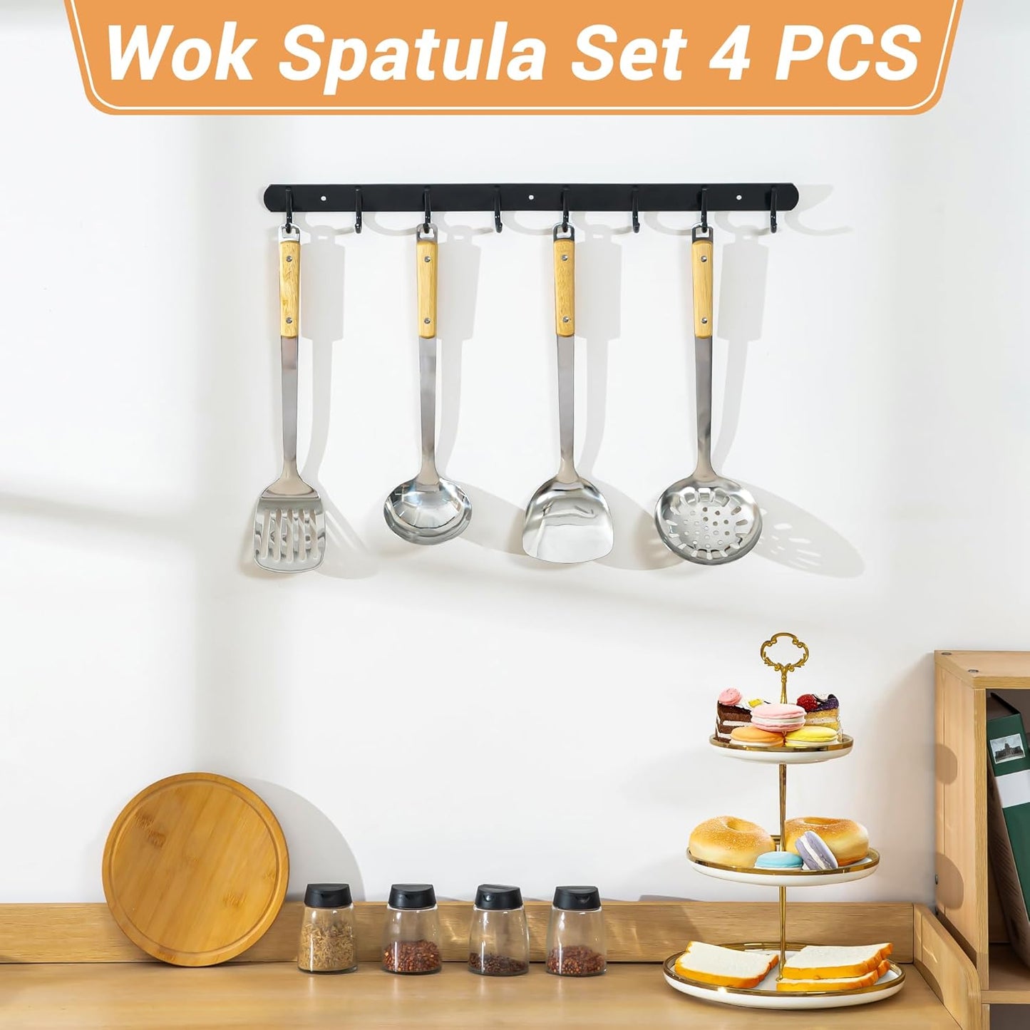 FJNATINH Cooking Utensils - Spatula, Ladle, Skimmer Spoon, Slotted Spatula - 4 Pieces Stainless Steel Wok Utensils Set for Carbon Steel