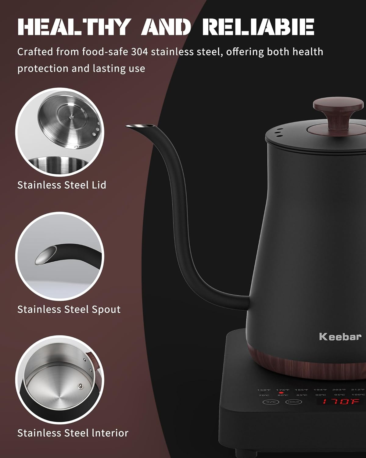 Electric Kettle, Electric Gooseneck Kettle with 6 Temperature Control Presets and LED Display, 0.8L/27.05oz, 0.8mm Ultra-Fine Spout, 304 Stainless Steel Inner, 1000W Gooseneck Kettle, Matte Black