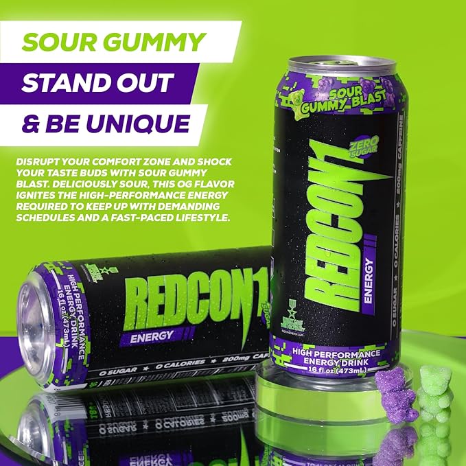 REDCON1 Energy High Performance Drink, Sour Gummy Blast - Zero Sugar Energy Drink with Alpha GPC Nootropic - 200mg Natural Caffeine from Green Coffee Beans - Vitamin B6, B12 & B5 to Boost Mood (12 ct)