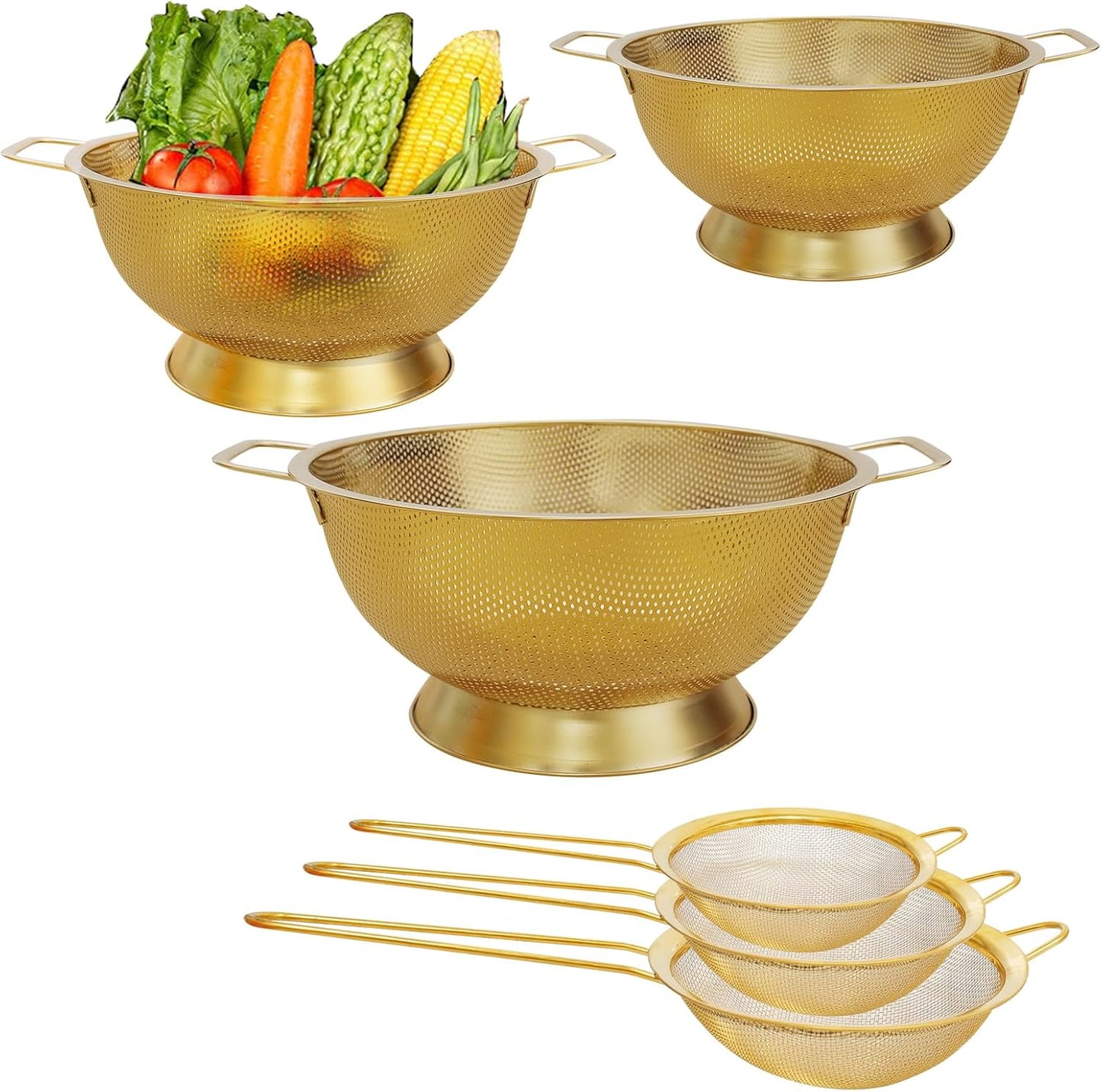 3 Pcs Stainless Steel Gold Colander and 3 Pcs Fine Mesh Strainer Set,1/3/5 Quart Metal Mesh Basket with Handles for Kitchen, Draining Pasta, Rinsing Fruit, and Cooking (Gold)