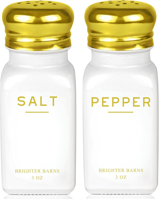 Gold Salt and Pepper Shakers Set by Brighter Barns - Modern Kitchen Decor, White and Gold Kitchen Decor & Accessories - Vintage Glass Shakers with Stainless Steel Lids for Home, Restaurant