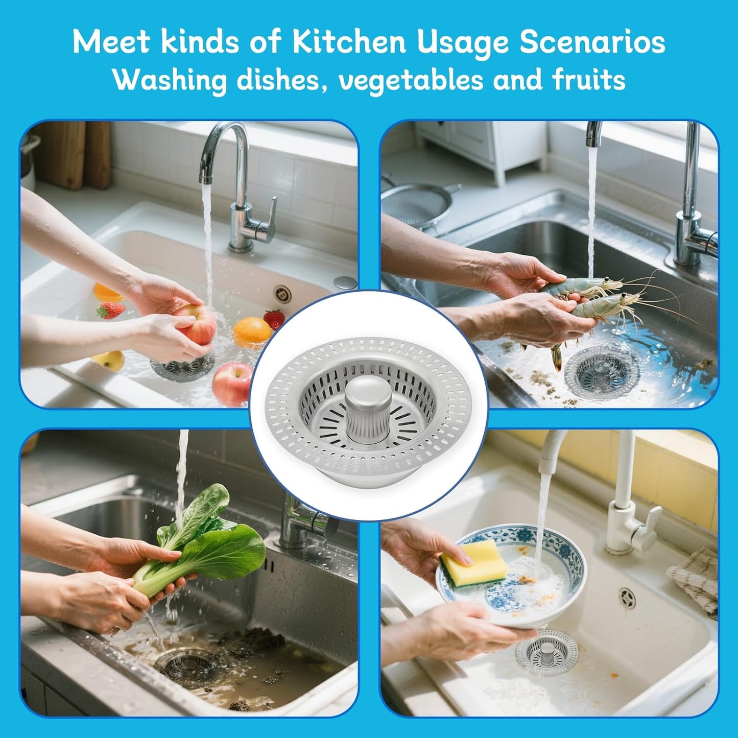 3 in 1 Kitchen Sink Drain Strainer, Upgraded Pop Up Kitchen Sink Stopper with Enlarged 304 Stainless Steel Anti-Clogging Food Catcher Basket Strainer, Fit US Standard 3-1/2'' Kitchen Sink Drain Hole