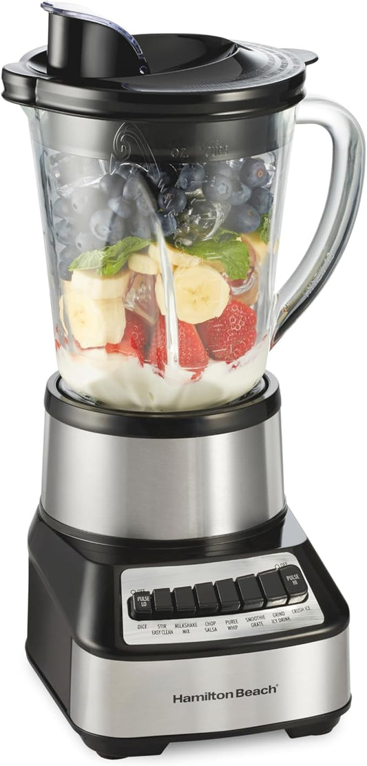 Hamilton Beach Wave Crusher Blender For Smoothies With 40 Oz Glass Jar and 14 Functions, Ice Sabre Blades & 700 Watts for Consistently Smooth Results, Black + Stainless Steel (54221)