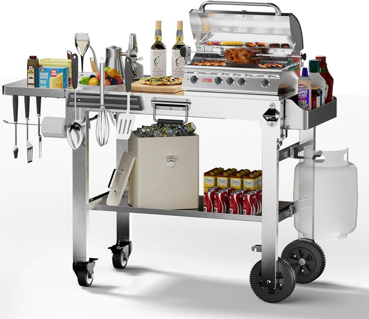 Food Grade 304 Stainless Steel BBQ Grill Table fits Tabletop Griddle, Outdoor Grill Table with 4 Foldable Legs, Portable Grill Stand for RV, Camping, Tailgating