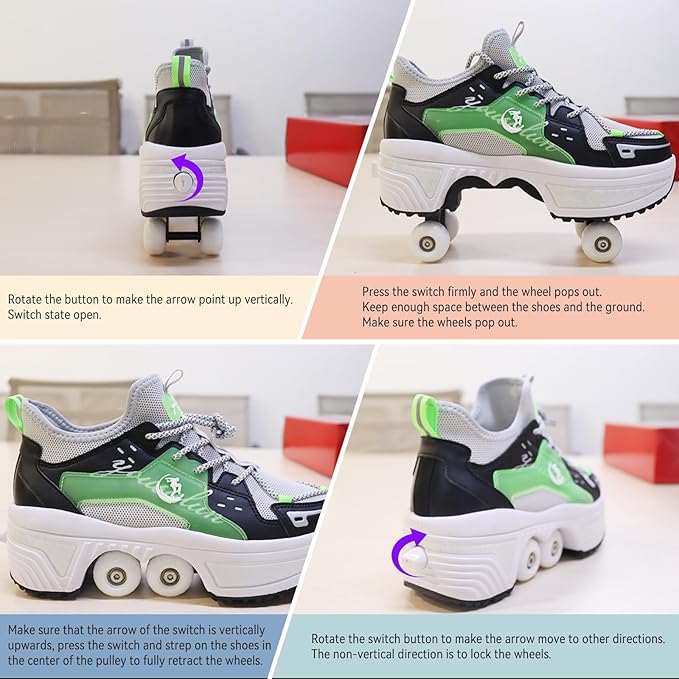 Roller Skate Shoes for Women Four Rounds Children's Roller Skates Shoes That Turn into Rollerskates Sneakers Outdoor Light Shoes with Wheels for Girls/Boys