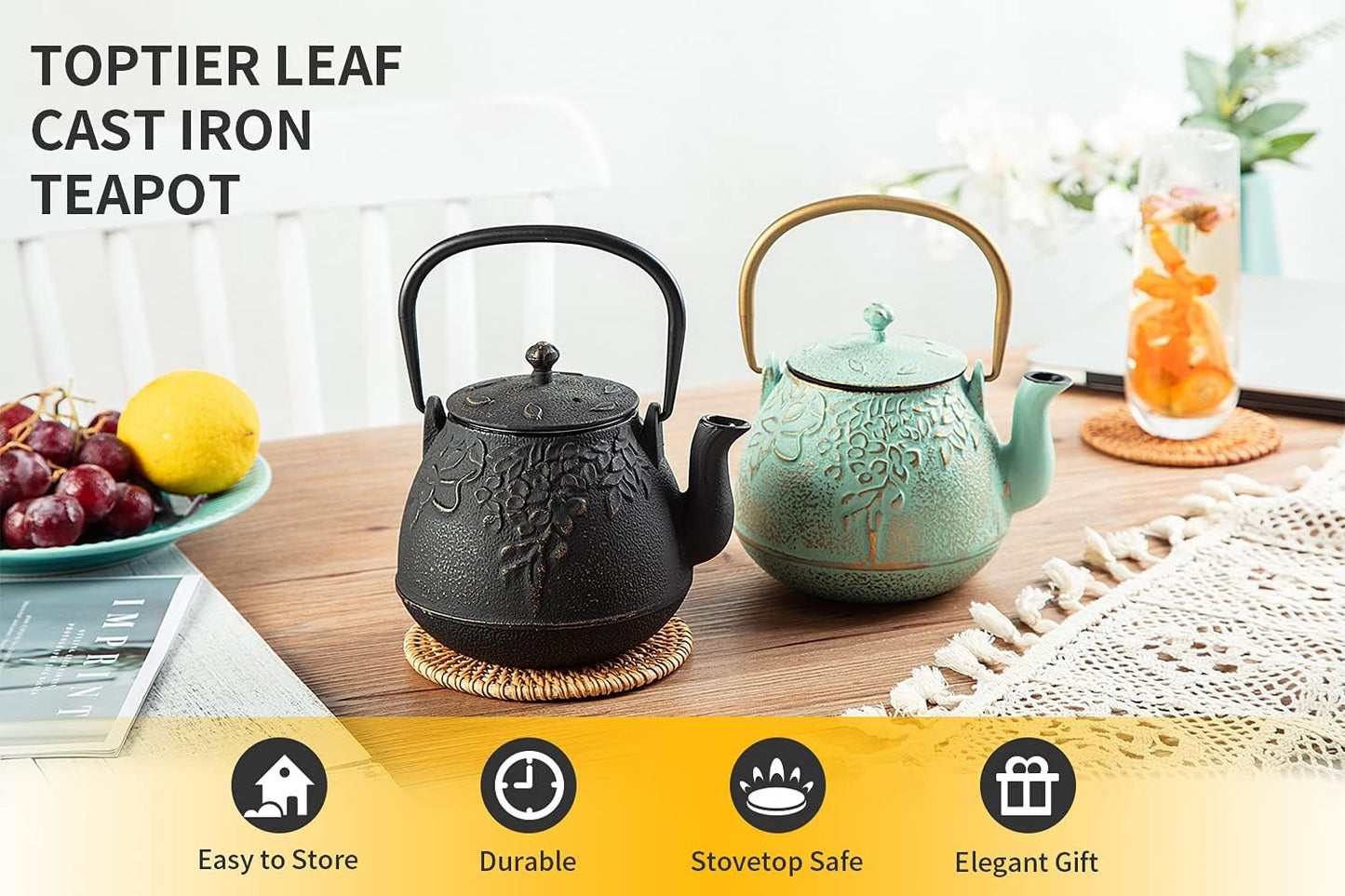 Tea Kettle, TOPTIER Japanese Cast Iron Tea Pot for Stove Top, Cast Iron Teapot Humidifier for Wood Stove, Leaf Design Tea Kettle Coated with Enameled Interior for 32 Ounce (950 ml), Black