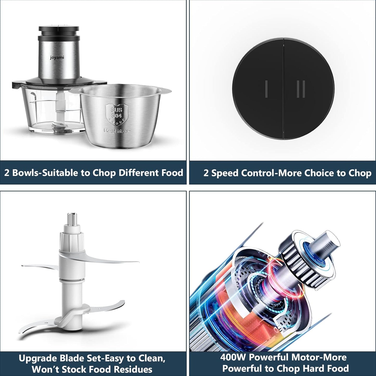 JOYAMI Electric Food Processor with 2 Bowls, Food Chopper Vegetable Meat Grinder, Stainless Steel Blades, 2 Speed