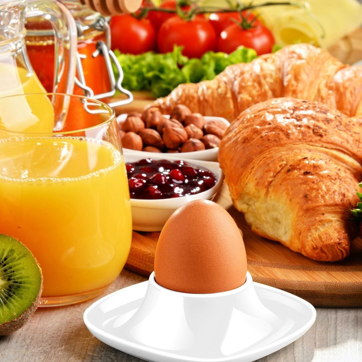 Flexzion Soft Boiled Egg Holder Set - 4-Piece White Ceramic Egg Cup, Stackable Egg Coddler Cups with Base for Serving, Breakfast, Brunch - Kitchen Table Decor, White