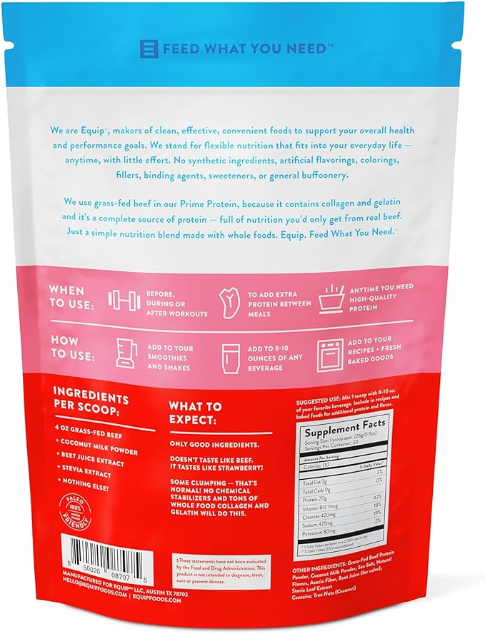 Equip Foods Prime Protein Powder | Clean, Grass Fed Beef Protein Isolate | Carnivore Protein Powder | Paleo, Keto Friendly | Gluten, Dairy Free | Helps Build & Repair Tissue | 30 Servings, Strawberry