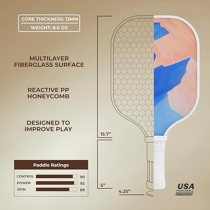 HELIOS Khione Pickleball Paddle - Dusk | 8oz G2S Fiberglass Surface with 13mm Reactive Honeycomb Core | Lightweight Design for Beginners | AreaMax for Expanded Sweet Spot | USAP Approved