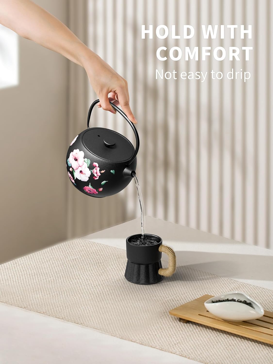 Toptier Teapot with Removable Infuser, Cast Iron Tea Kettle Stovetop Safe, Solid Geometry Ball Design Tea Pot Coated with Enameled Interior for 32 Ounce (950 ml), Morning Glory