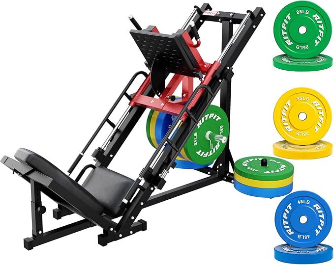 RitFit Adjustable Leg Press and Hack Squat Machine with Weight Plate Set, Professional Home Gym Equipment with Linear Bearings, Specialized for Complete Lower Body Workouts and Weight Storage Posts