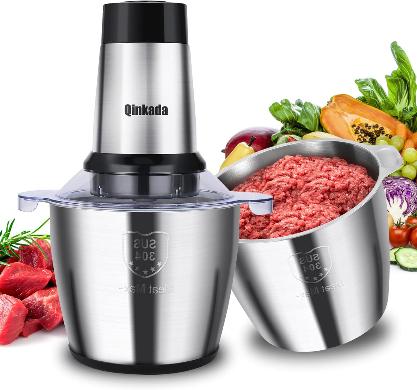 Food Processor, 2 Stainless Steel Bowls, 14Cup, 500W Powerful Electric Meat Grinder, 3 Speed Modes 4 Bi-Level Blades for Onion, Meat, Nuts, Fruit, Garlic, Vegetable, Baby Food