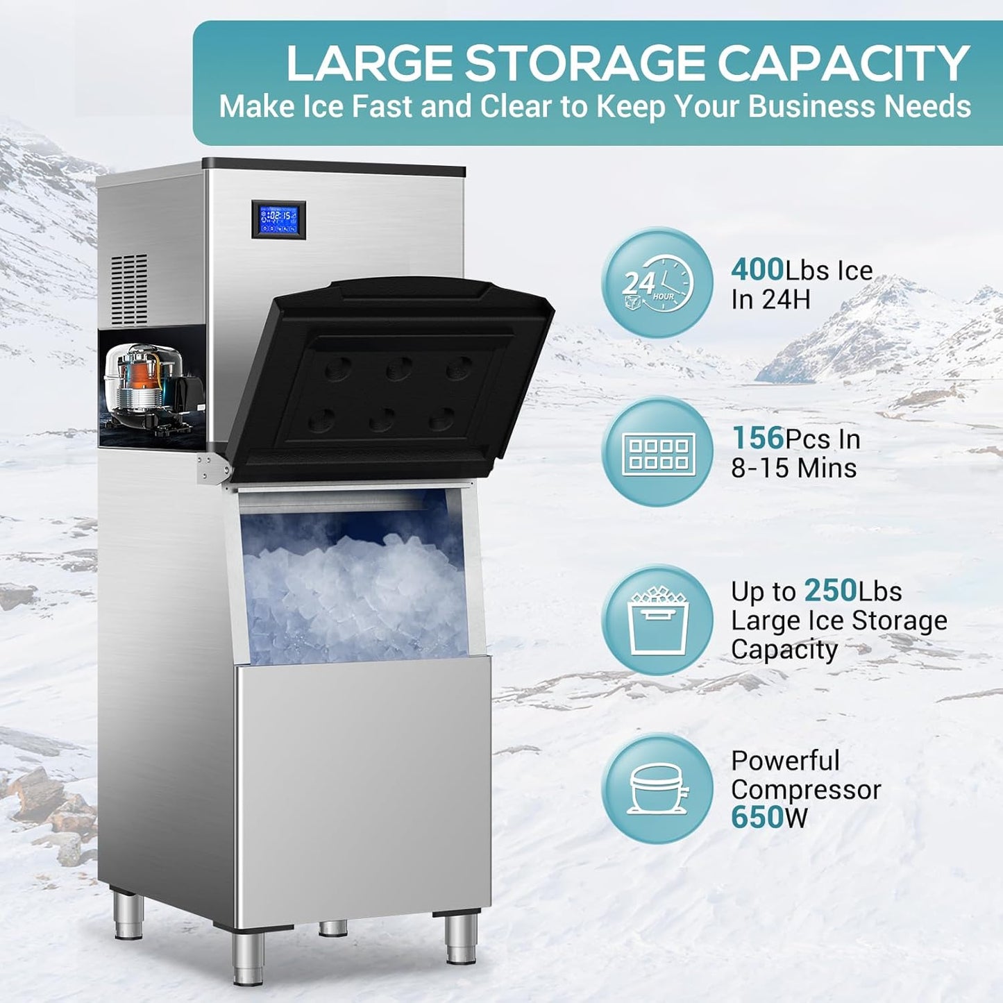 Commercial Ice Maker Machine 400Lbs/24H, Industrial Ice Machine 250 Lbs Storage Bin, 156PCS Clear Ice Cubes in 11 Mins, Freestanding Stainless Steel Ice Maker for Restaurants/Bar/Large Families