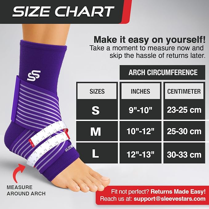 Sleeve Stars Ankle Brace for Women & Men, Ankle Wrap for Sprain, Compression Sleeve for Plantar Fasciitis Relief, Easy Customizable Support: w/ Removable Strap (Pair/M:10"-12"/Dark Purple)
