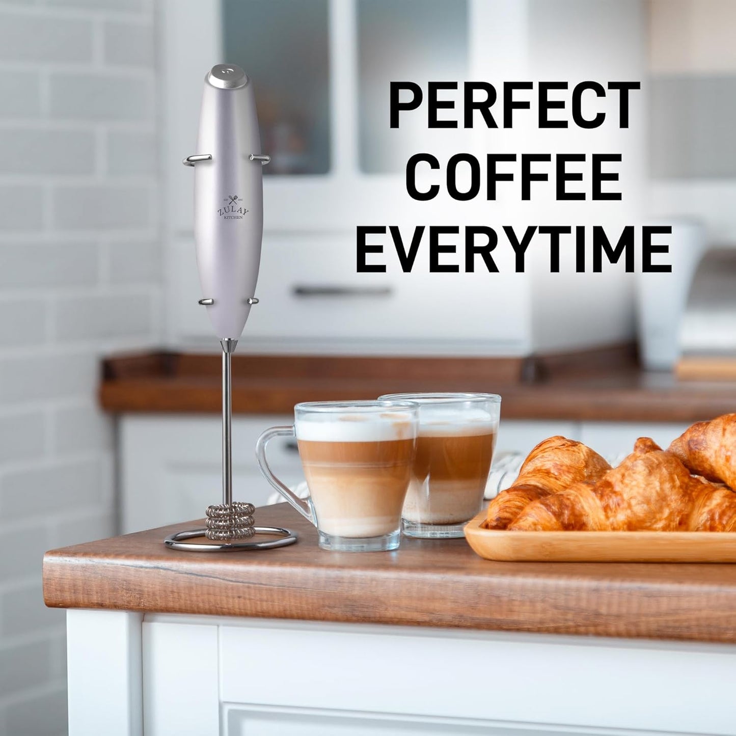 Zulay Kitchen Tornado Whisk Milk Frother with 4 AA Duracell Batteries - Triple Whisk for More Power - Handheld Coffee Frother with Stand - Drink Mixer for Lattes, Matcha & Protein Shakes