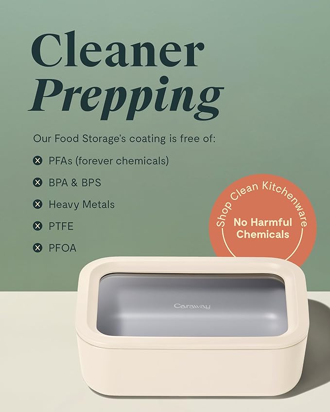 Caraway Glass Food Storage, 6.6 Cup Glass Container,Ceramic Coated Food Container,Easy to Store, Non Toxic, Non Stick Lunch Box Container with Glass Lids. Dishwasher, Oven,Square Shape,Cream