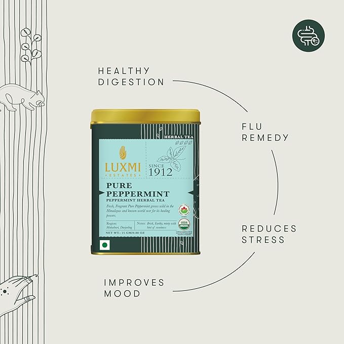 Luxmi Estates Purely Peppermint 25gm Tin | USDA Certified Organic Herbal Tea | Mint Tea Best for Night Time