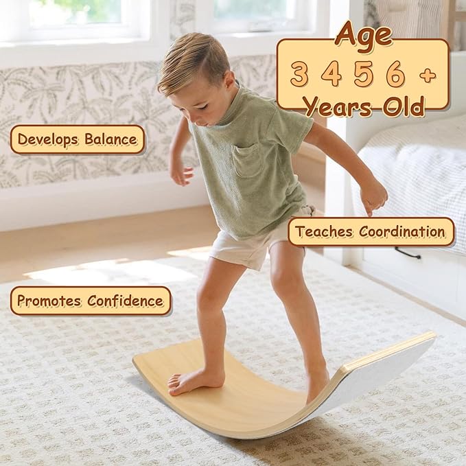 Gentle Monster Wooden Wobble Balance Board, 35 Inch Rocker Board Natural Wood, Kids Toddler Open Ended Learning Toy, Yoga Curvy Board for Office & Classroom Adult