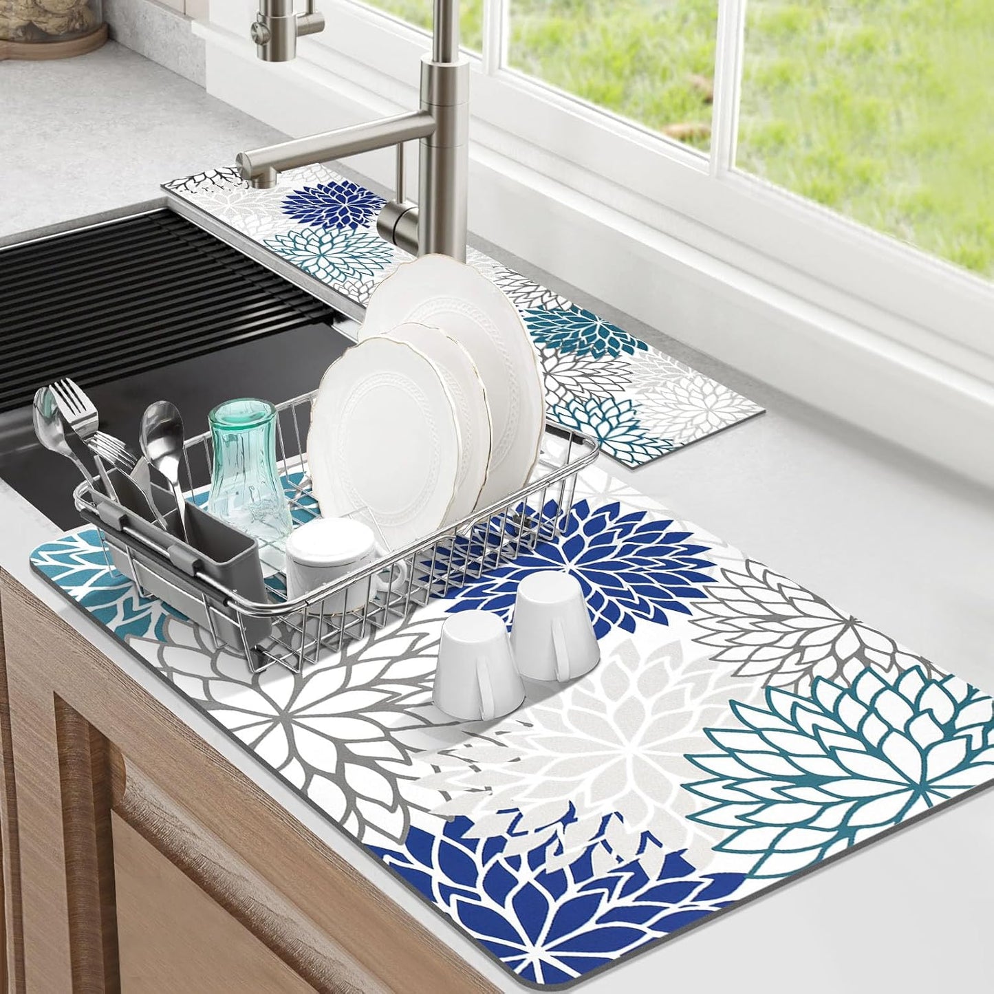 Findosom 2PCS 12" x 20" Dish Drying Mat & 24" x 5.5" Sink Splash Guard, Super Absorbent & Cuttable Dish Mat Drying Kitchen Mat with Blue Floral, Hide Stain Drying Mat for Kitchen Counter