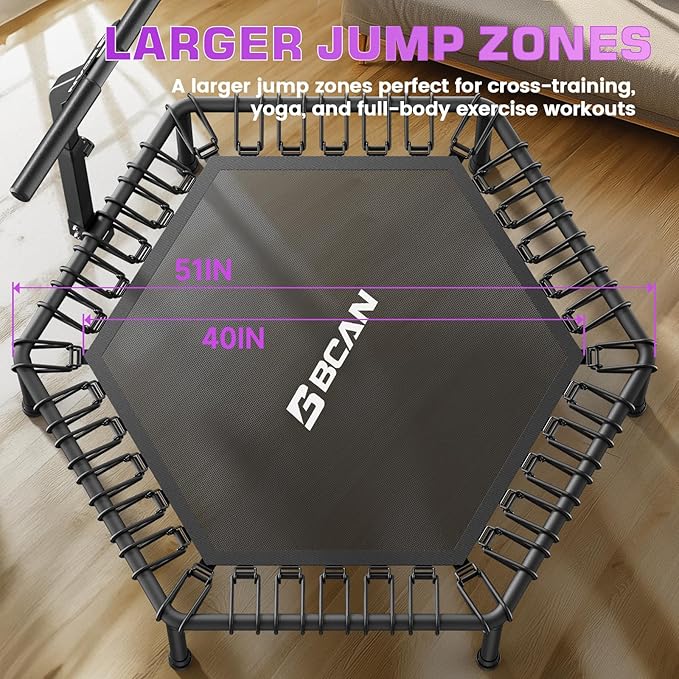 BCAN 51" Mini Hexagon Trampoline, Max Load 450 LBS Fitness Trampoline with T-Adjustable Handle Bar, Silent Bungees, Larger, More Stable, Quieter Exercise Rebounder for Adults Indoor/Garden Workout