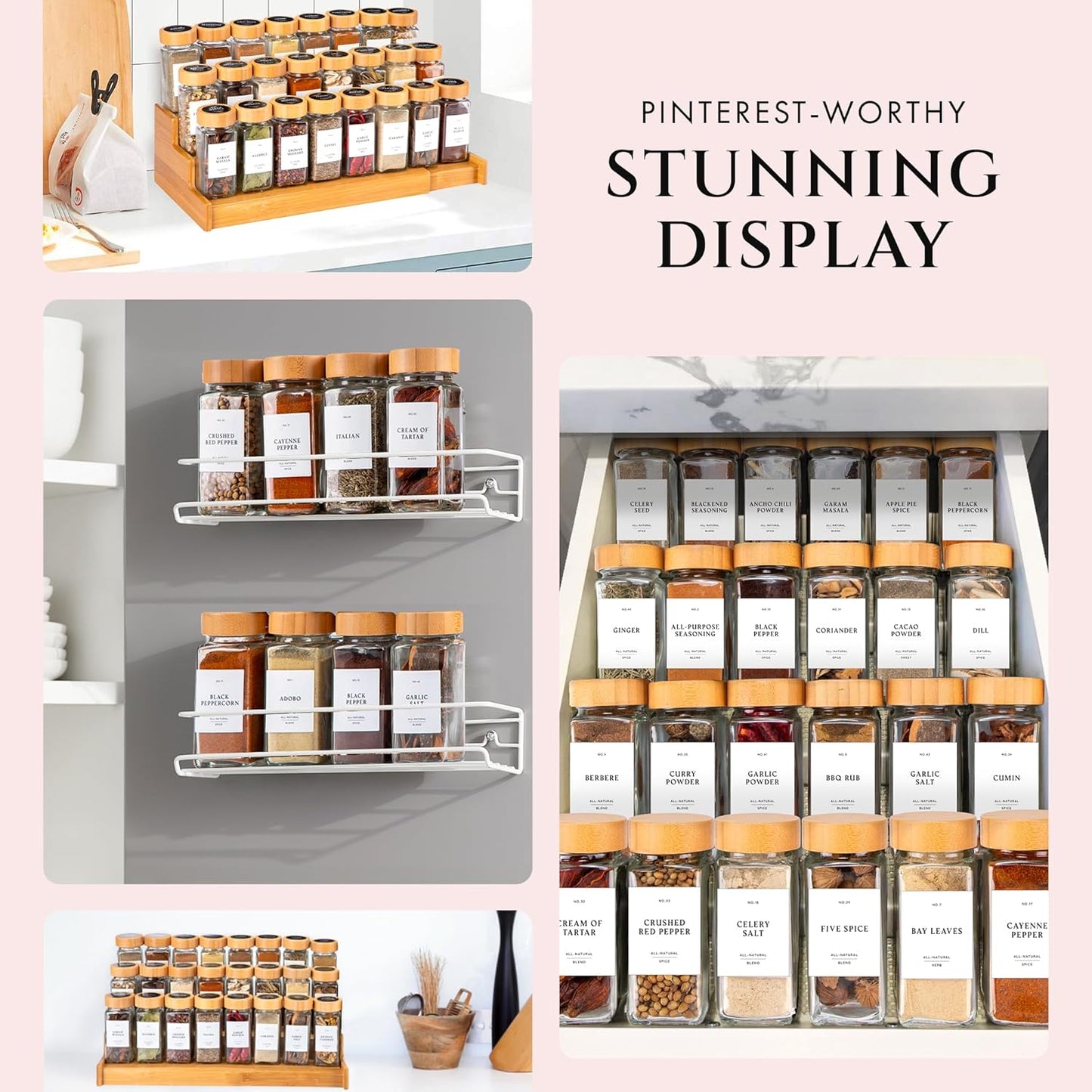 FINESSY Bamboo Glass Spice Jars with Labels and Shaker Lids Clear Empty 4oz 24 Pack Bottles Set, Glass Spice Containers with Labels, Seasoning Organizer Jars