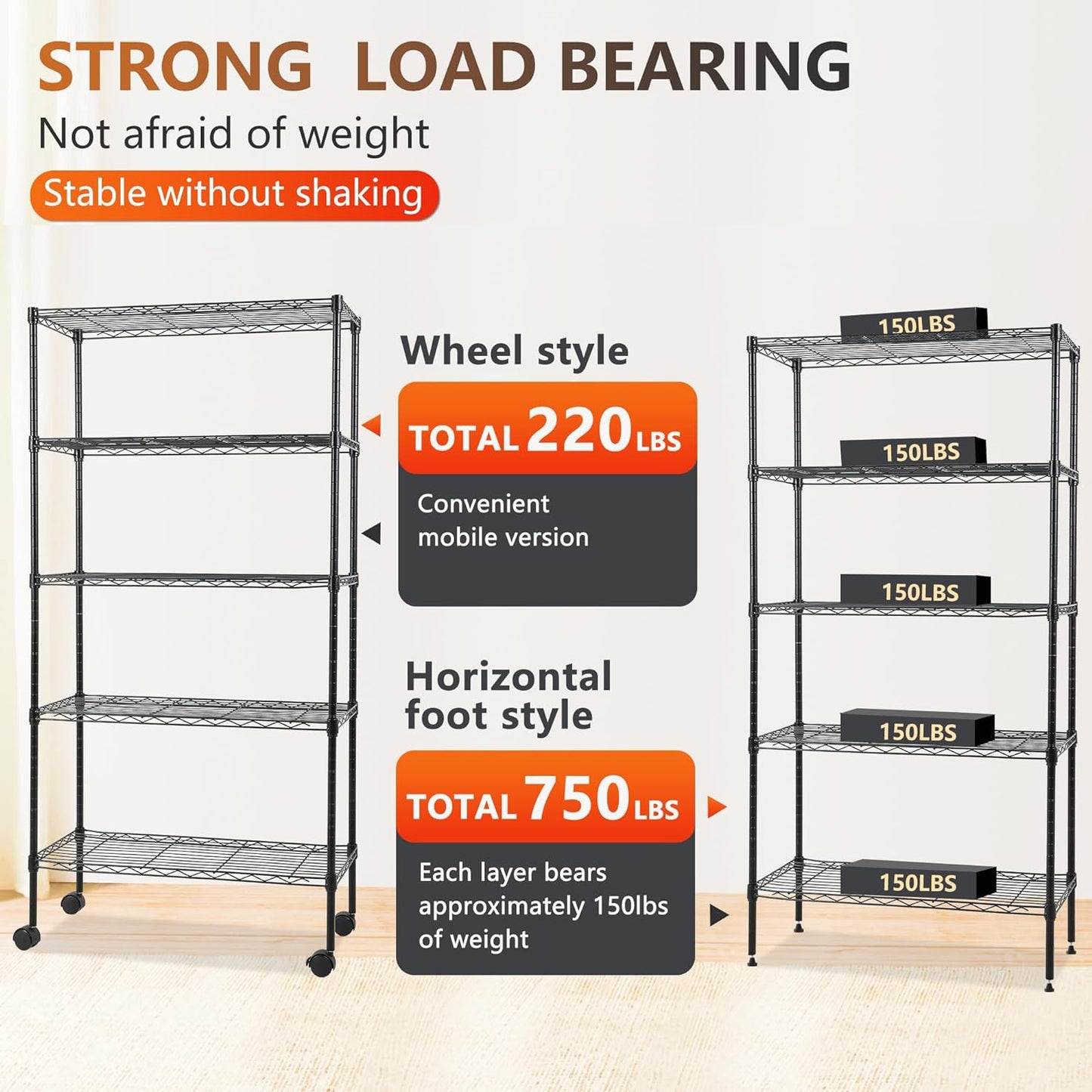 FDW Adjustable 5-Tier Metal Shelf with Wheels, 250 lbs Capacity, Easy Assembly, Ideal for Small Spaces