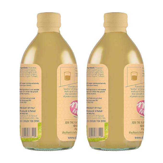De Nigris Organic Apple Cider Vinegar With Honey & Ginger, Raw & Unfiltered 16,9 Oz (Pack of 2) | Apple Cider Vinegar With Mother For The Balance Of Metabolism, Organic