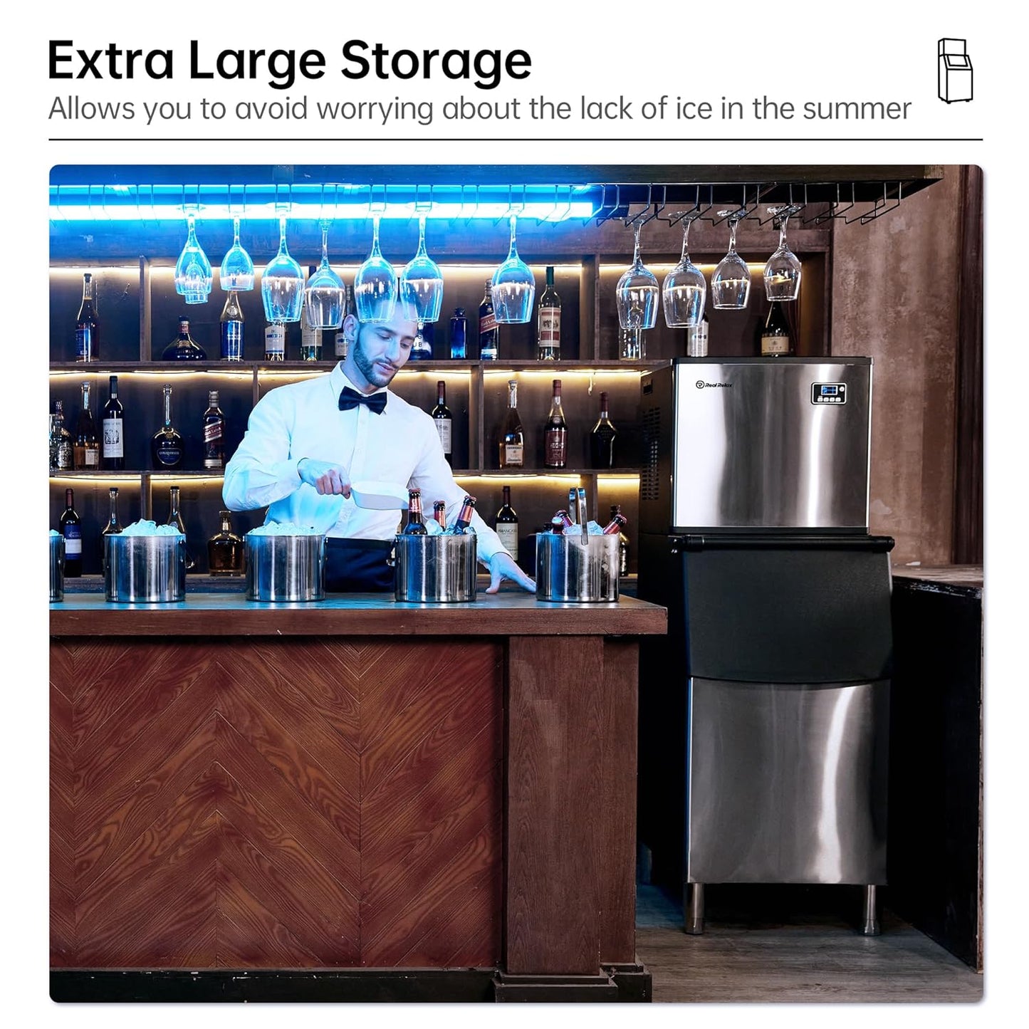 Commercial Ice Maker Machine, 360 lbs /24h, 200 lbs Ice Storage Bin, Stainless Steel, Self-Cleaning, LCD Display, Freestanding Ice Maker, Suitable for Home, Bar, Includes Connecting Hose, Silver