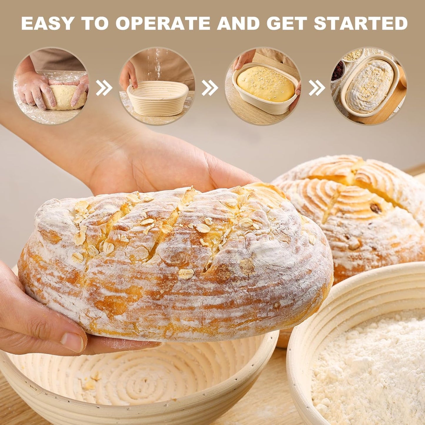 Banneton Bread Proofing Basket - Banneton Basket Set of 4 Pack 6.7 inch Oval Sourdough Proofing Basket with Liner - Handmade Rattan Proofing Rising Bowl for Artisan Bread Making Baking Supplies