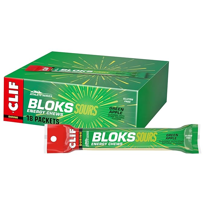 Clif Bloks Sours - Green Apple Flavor - Energy Chews - Non-GMO - Plant Based - Fast Fuel for Cycling and Running - Quick Carbohydrates and Electrolytes - 2.12 oz. (18 Count)