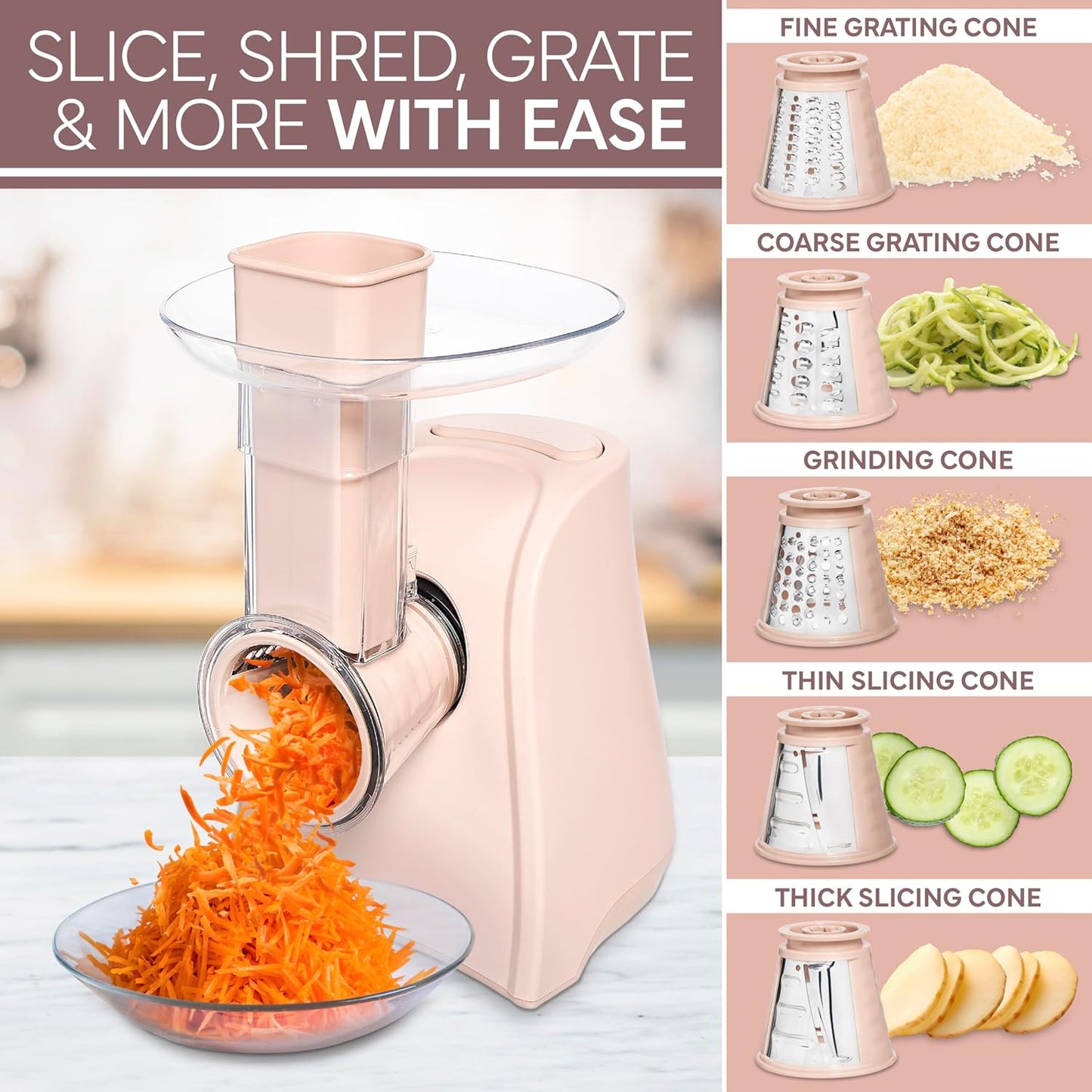 COOK WITH COLOR 5-in-1 Electric Slicer, 150W Food Prep Machine – Cheese Shredder, Fine & Coarse Graters, Potato Grater, Vegetable Slicer, Fruit, Salad Shooter, Compact Design For Bowl Prep, Blush