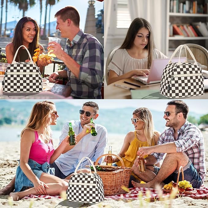 FlowFly Lunch Bag for Women Insulated Lunch Box Corduroy Lunch Tote Cooler for Travel Work Picnic,Corduroy Plaid Coffee