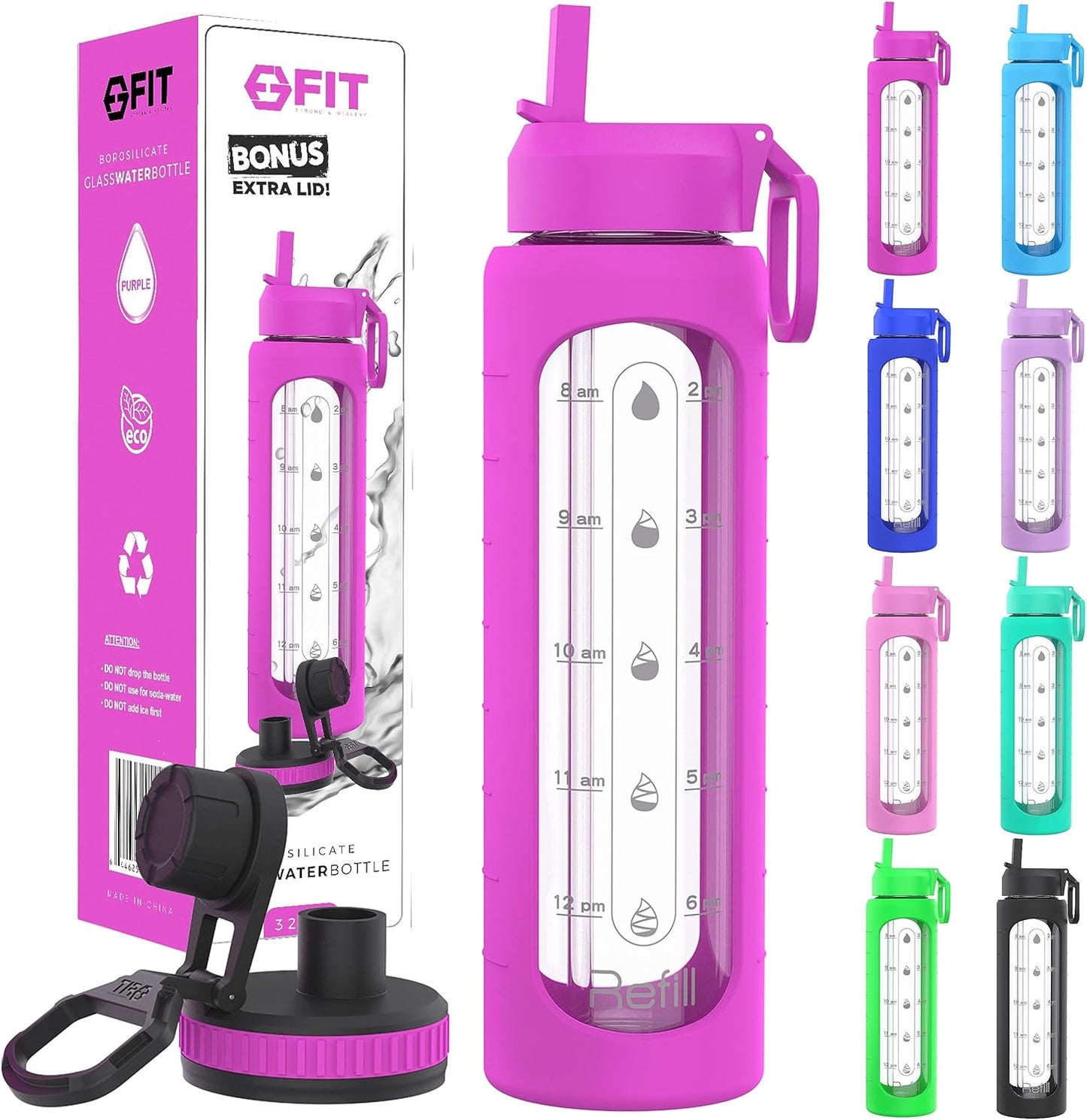 FIT Strong & Healthy 32 oz Glass Water Bottle with Straw Lid, Time Marker, Sleeve & Extra Lid - Motivational, Wide Mouth 1 Liter Glass Drinking Bottle