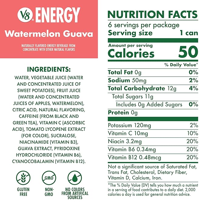 V8 Energy Watermelon Guava Energy Drink, 8 fl oz Can (24 Pack)