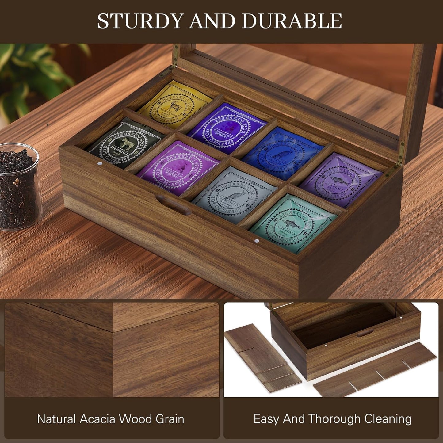 Acacia Wood Tea Bag Organizer, 8 Compartments Tea Box Organizer Storage Box, Teabag Holder Organizers with Clear Acrylic Window, Magnetic Lid and Removable Dividers
