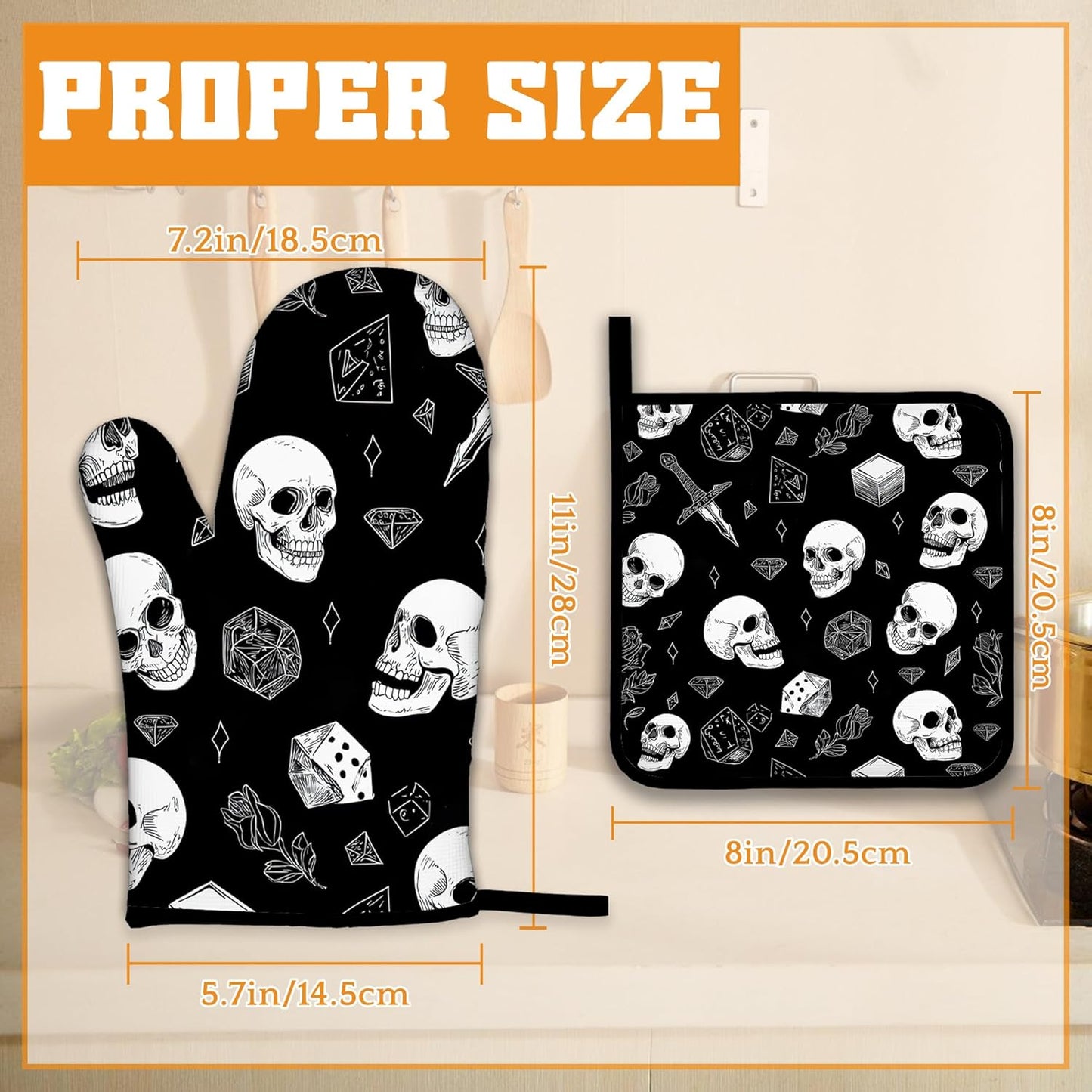 Skull Head Oven Mitts and Pot Holders, Rose Heat Resistant Oven Mitts Gloves and Pot Holder for Home Kitchen Decorations Cooking Baking BBQ Gifts,Set of 4